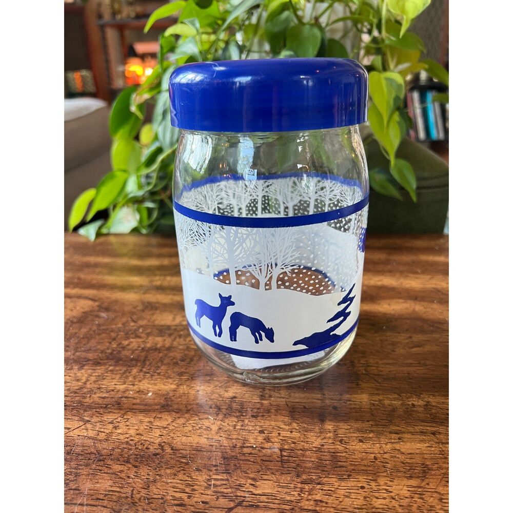 Vintage 70s Glass Winter Scene Canister Jar | Blue & White Deer, Rabbit, Birds
